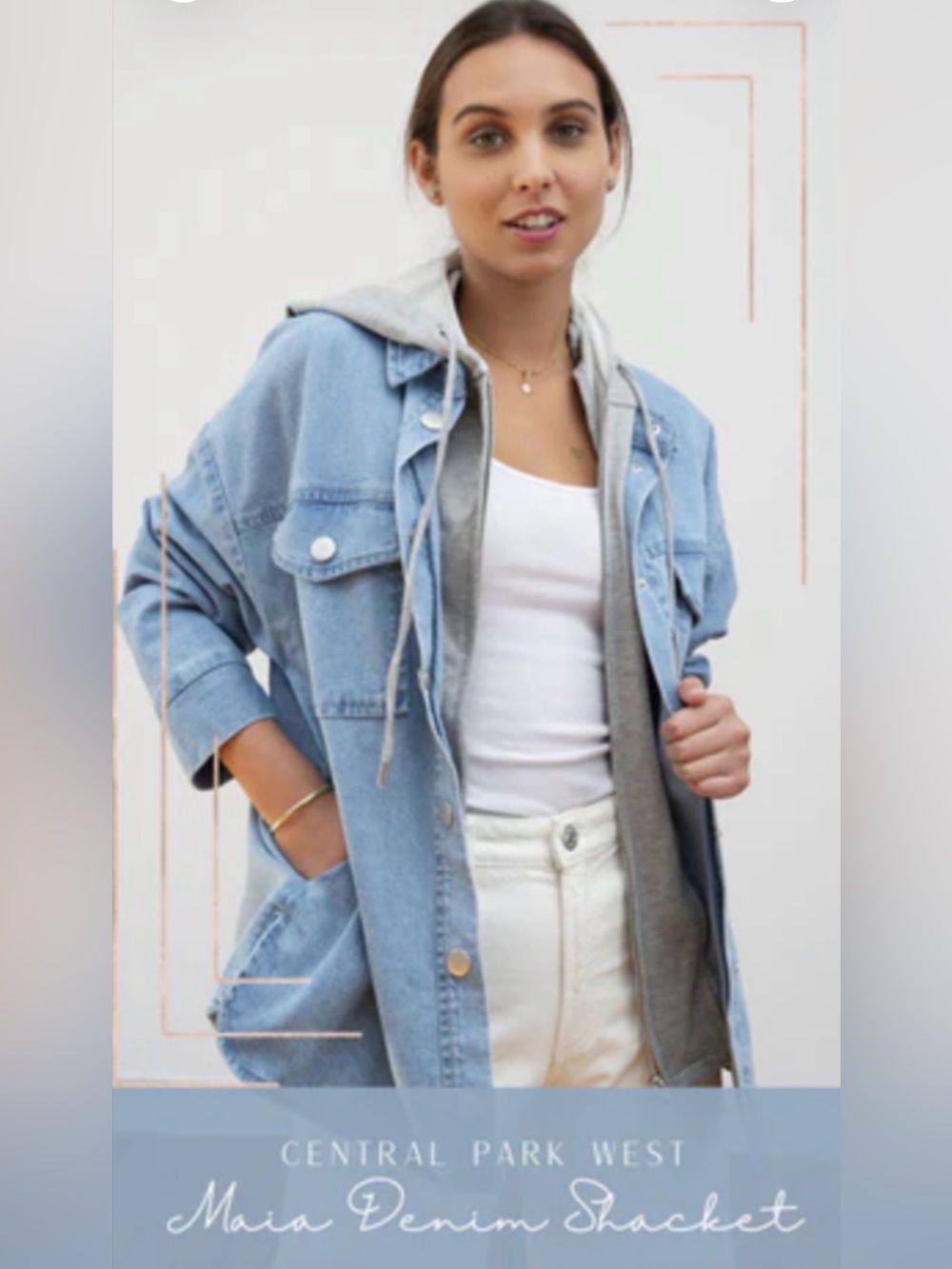 Central Park West - Light Wash Denim Hoodie Shacket with Removable Gray Hood NWT